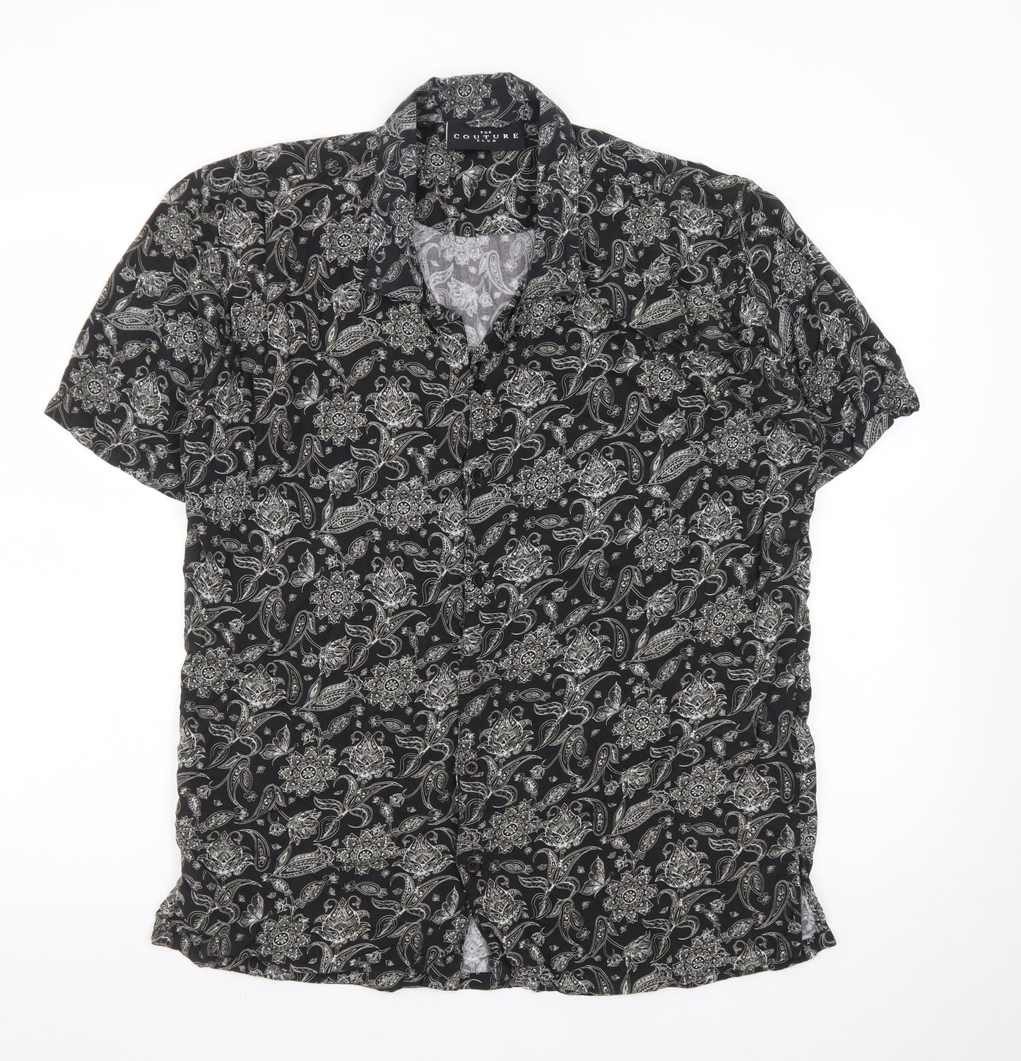 The Couture Club Men's Black Paisley Short Sleeve Button-Up Shirt L