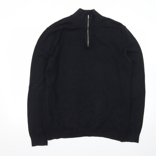Topman Men's Black XL 1/2 Zip High Neck Cotton Jumper