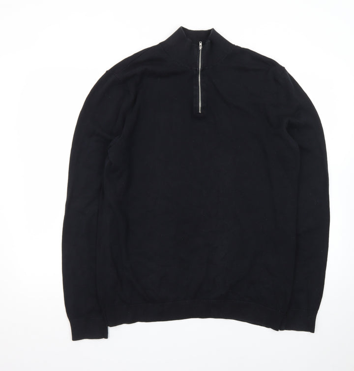Topman Men's Black XL 1/2 Zip High Neck Cotton Jumper