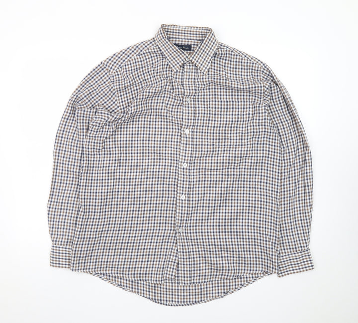 James Pringle Men's Brown Check Long Sleeve Button-Up Shirt M