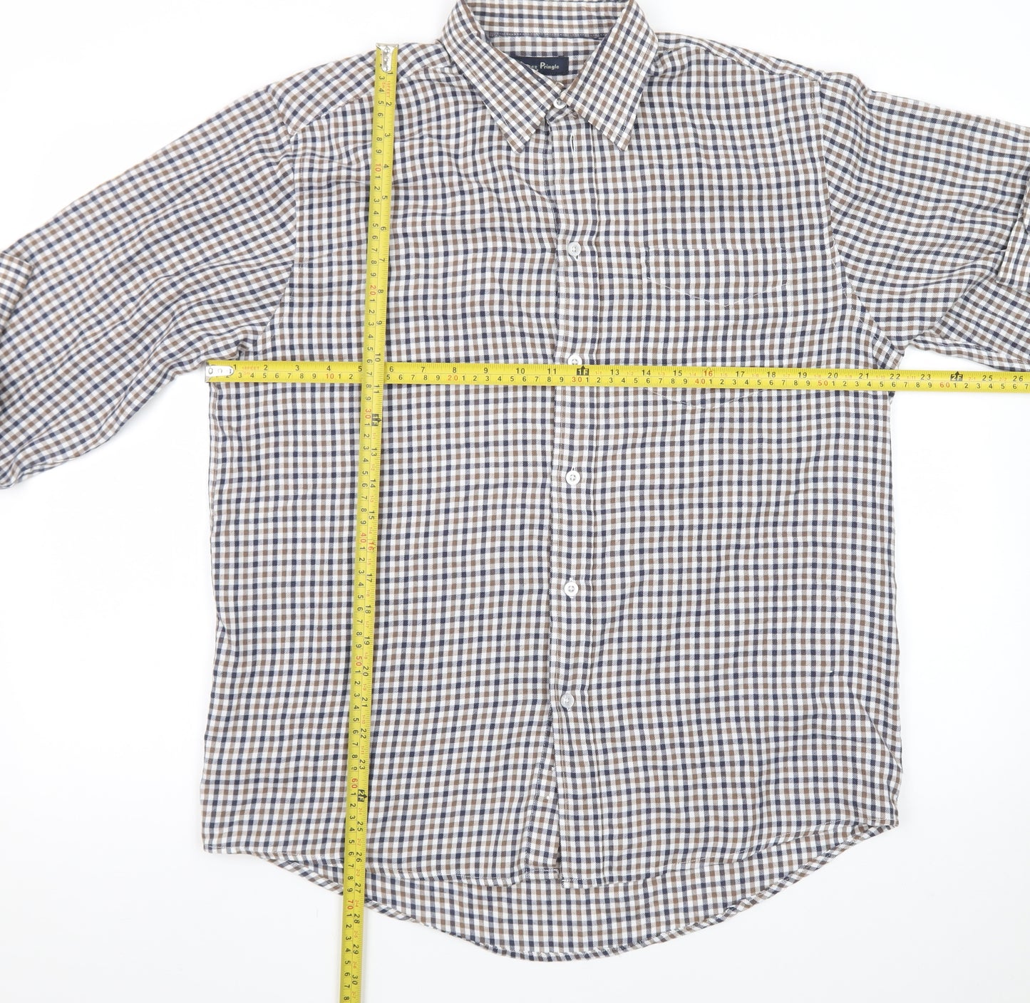 James Pringle Men's Brown Check Long Sleeve Button-Up Shirt M