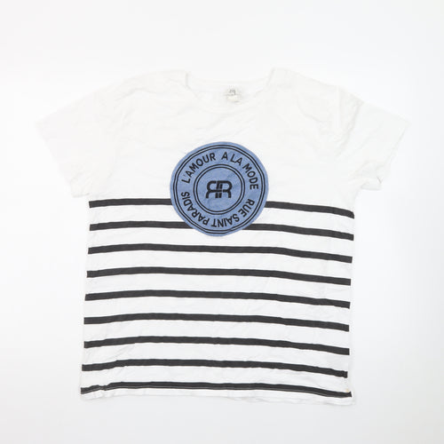 River Island Women White Striped T-Shirt UK 16 Cotton Crew Neck