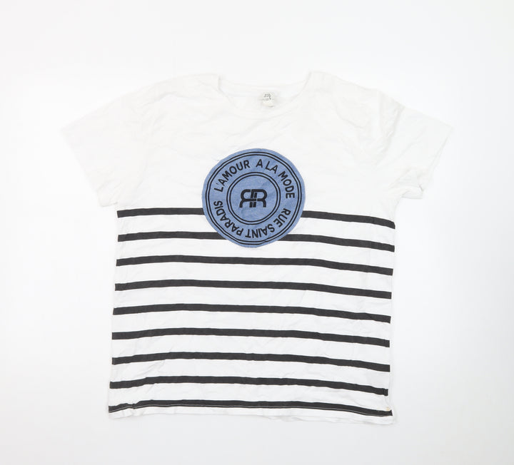 River Island Women White Striped T-Shirt UK 16 Cotton Crew Neck