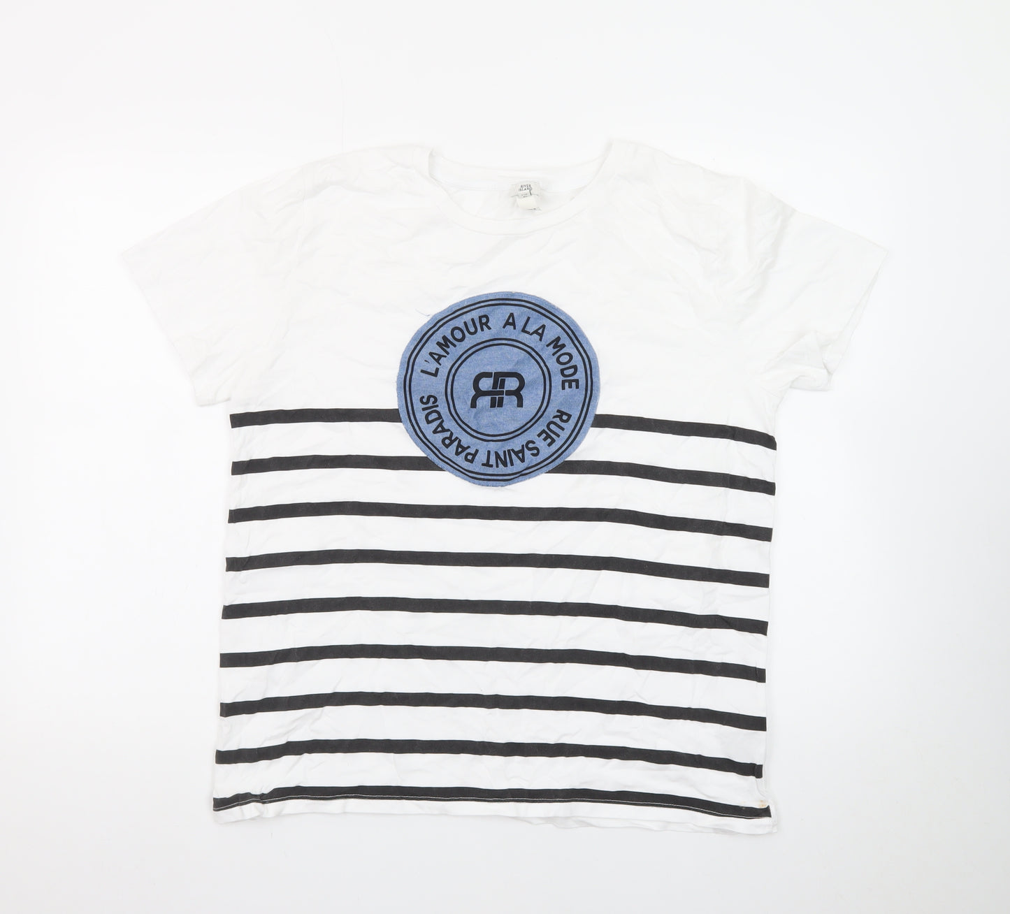 River Island Women White Striped T-Shirt UK 16 Cotton Crew Neck