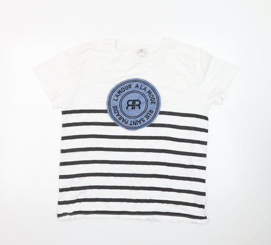 River Island Women White Striped T-Shirt UK 16 Cotton Crew Neck
