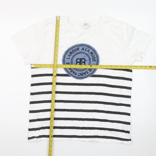 River Island Women White Striped T-Shirt UK 16 Cotton Crew Neck