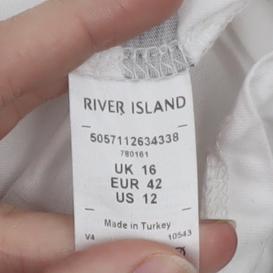 River Island Women White Striped T-Shirt UK 16 Cotton Crew Neck