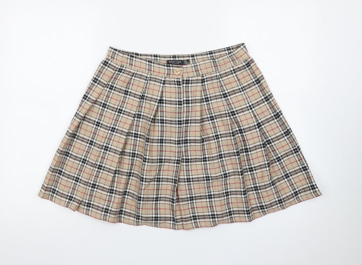 Nasty Gal Women Beige Plaid Pleated Short Skirt UK 14