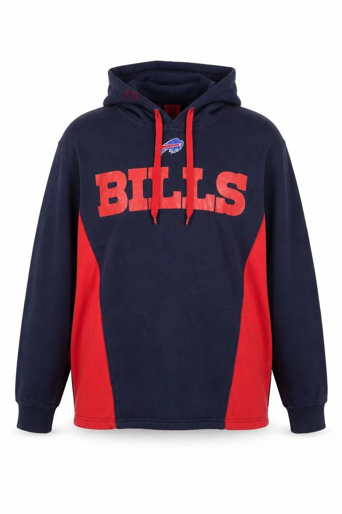 Front view of NFL Team Apparel Men's Blue Red BILLS Pullover Hoodie, size XL