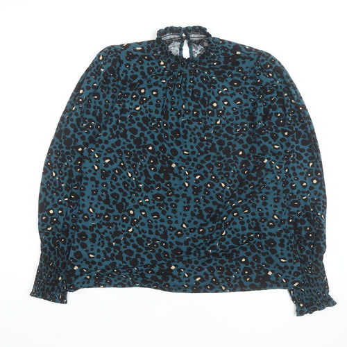 M&Co Women Blue Animal Print High Neck Long Sleeve Tunic Blouse UK 14