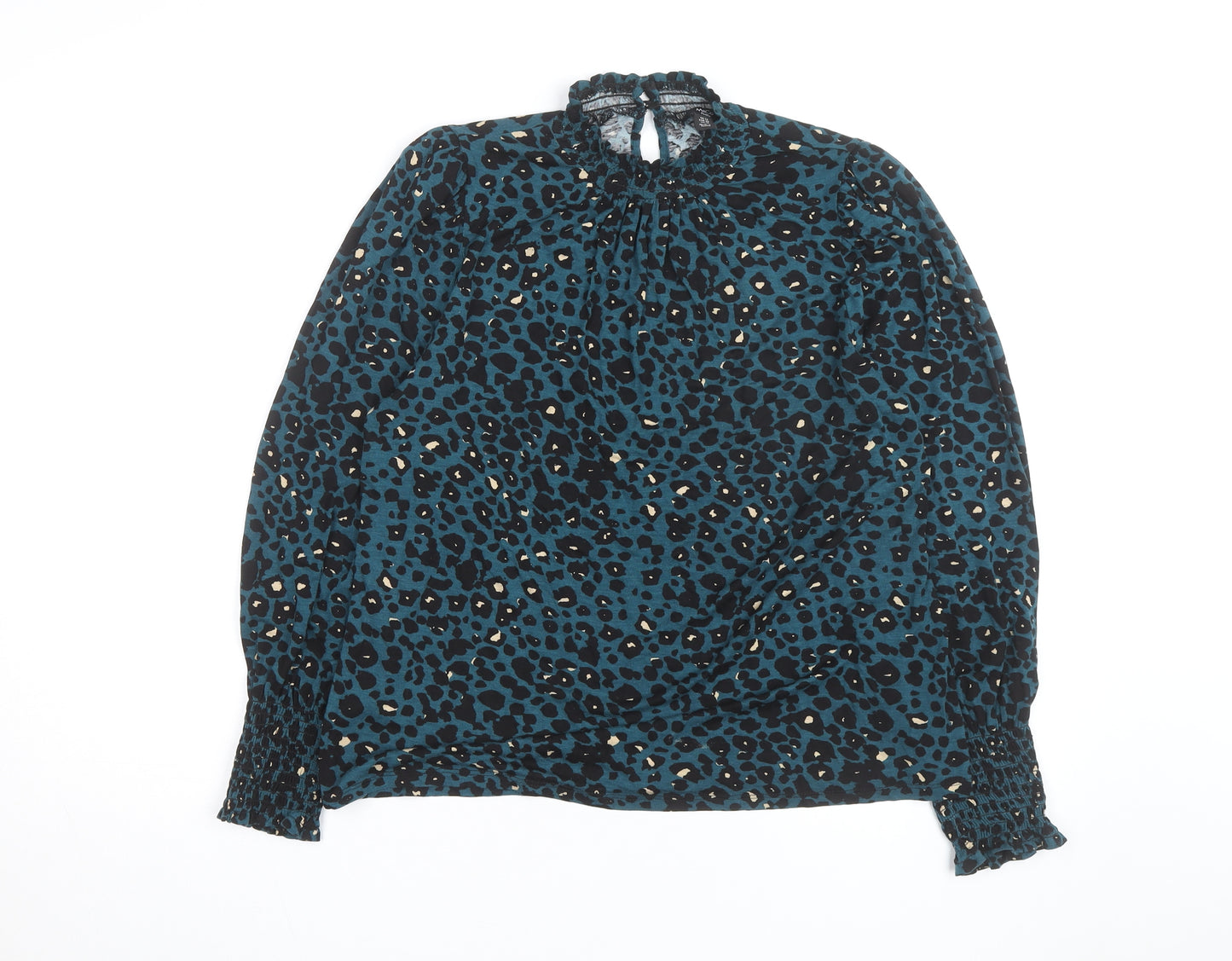 M&Co Women Blue Animal Print High Neck Long Sleeve Tunic Blouse UK 14