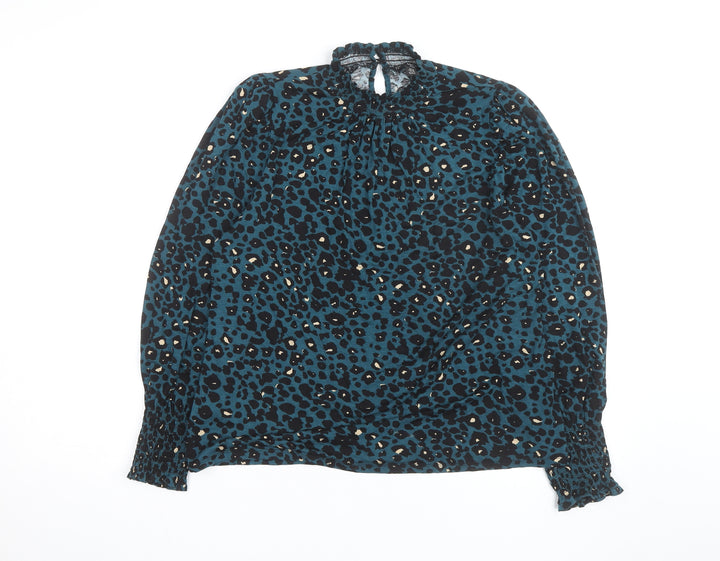 M&Co Women Blue Animal Print High Neck Long Sleeve Tunic Blouse UK 14