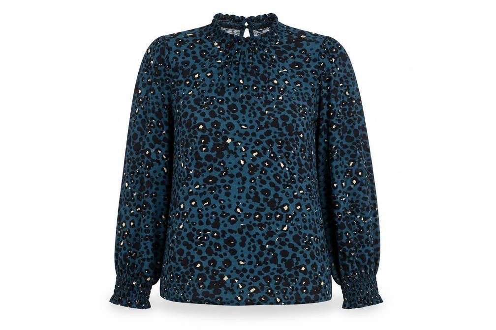 M&Co Women Blue Animal Print High Neck Long Sleeve Tunic Blouse UK 14