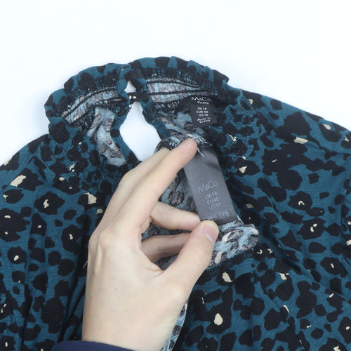 M&Co Women Blue Animal Print High Neck Long Sleeve Tunic Blouse UK 14