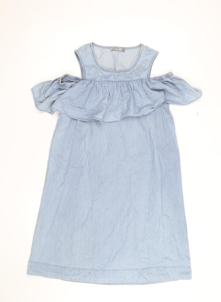 Vero Moda Women Blue Chambray Cold Shoulder Shift Dress Size S