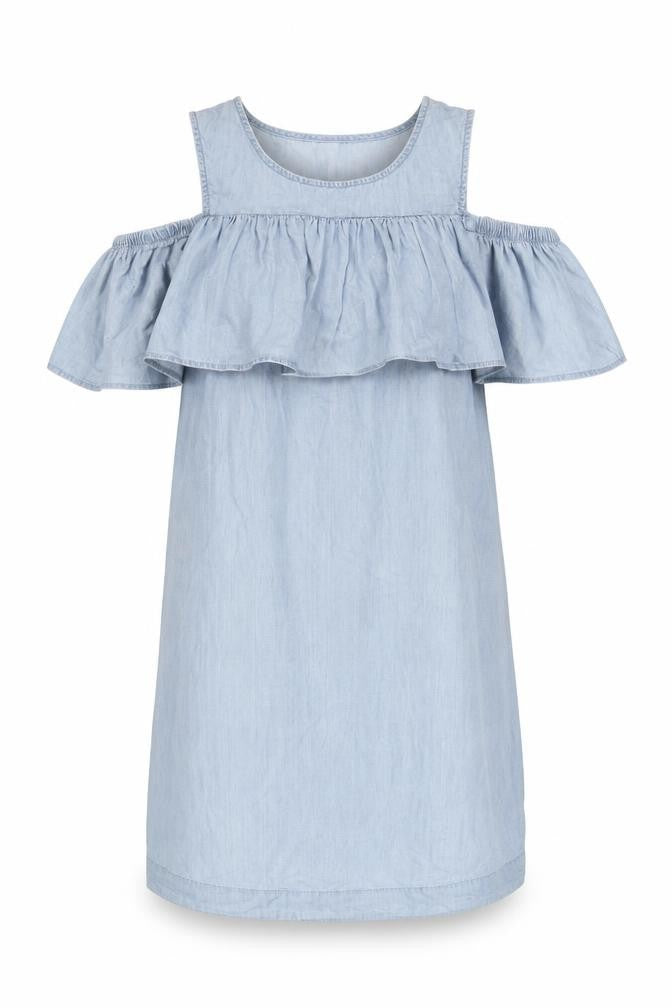 Front view of Vero Moda Women Blue Chambray Cold Shoulder Shift Dress, size S