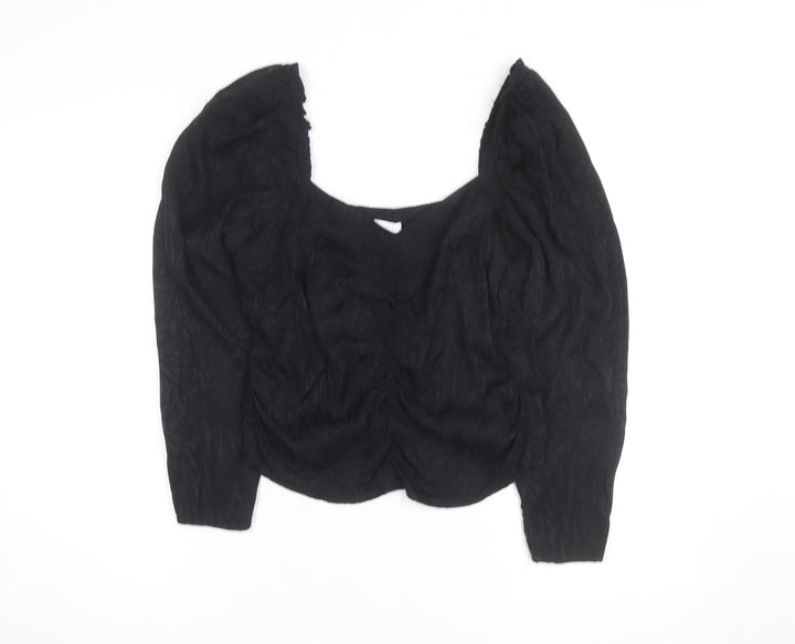 H&M Women Black Puff Sleeve Square Neck Tunic Blouse Size 16