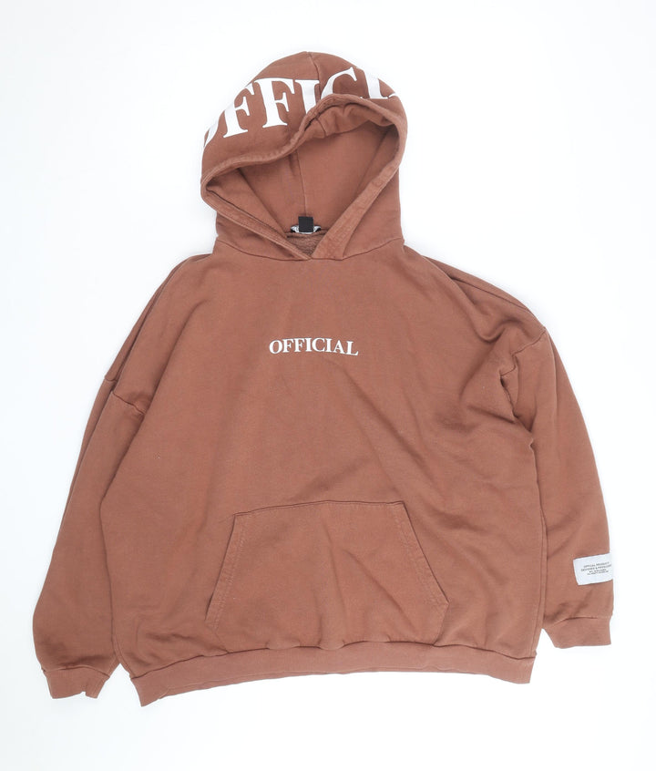 Boohoo Men Brown OFFICIAL Logo Pullover Hoodie Size L Relaxed Fit