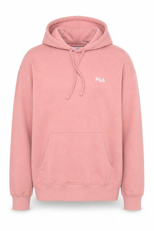 Front view of Fila Men's Pink Pullover Hoodie, size M, Hooded Sweatshirt