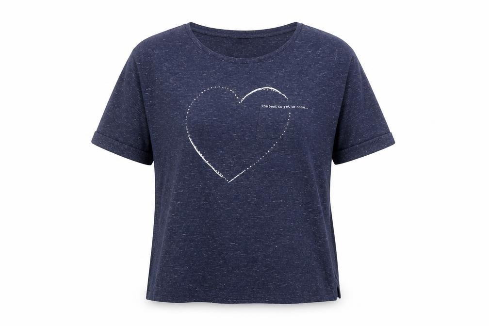 Front view of Next Women's Blue Heart Print Beaded T-Shirt, size 10