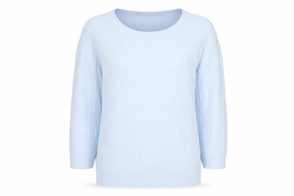 Front view of Country Casuals Men's Blue Cable-Knit Cotton jumper, size M