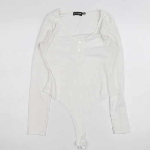 PrettyLittleThing Women White Long Sleeve Ribbed Bodysuit Size 10