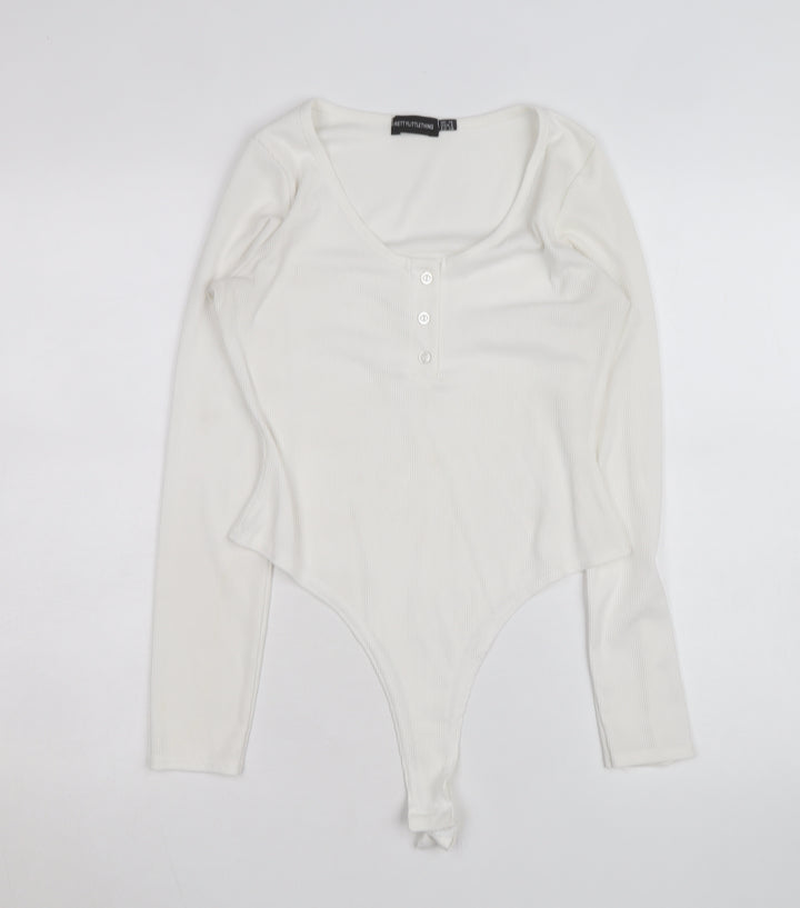 PrettyLittleThing Women White Long Sleeve Ribbed Bodysuit Size 10