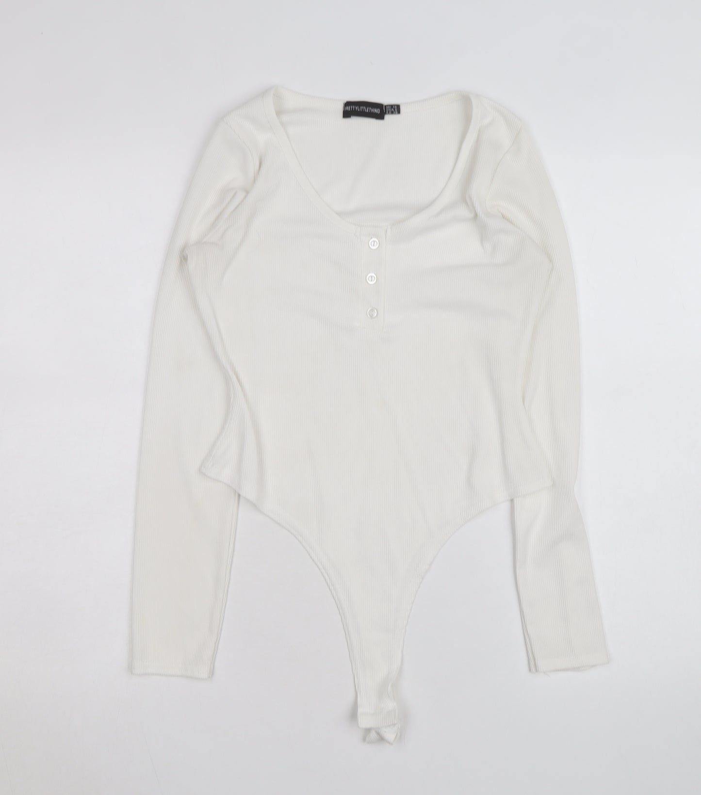PrettyLittleThing Women White Long Sleeve Ribbed Bodysuit Size 10