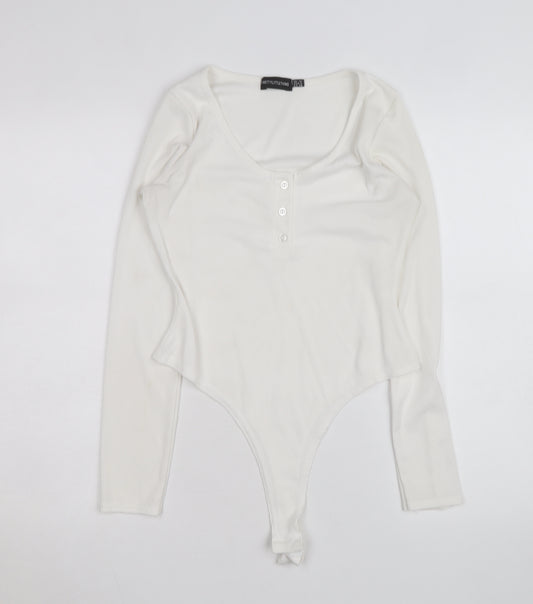 PrettyLittleThing Women White Long Sleeve Ribbed Bodysuit Size 10