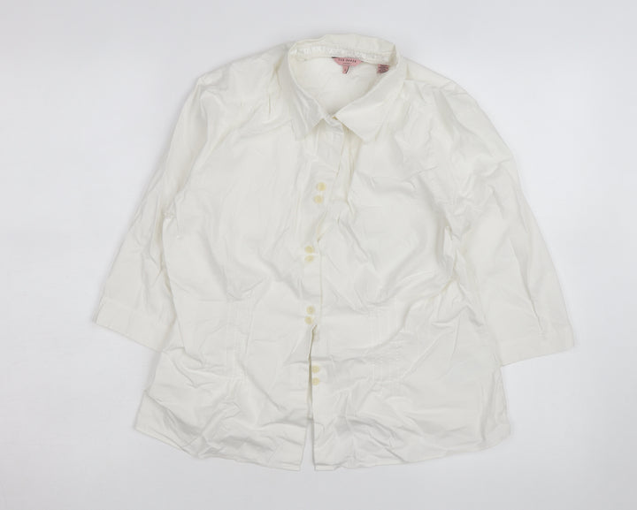 Ted Baker Women's Ivory Button-Up Shirt Size 12 Cotton Stretch Work Top