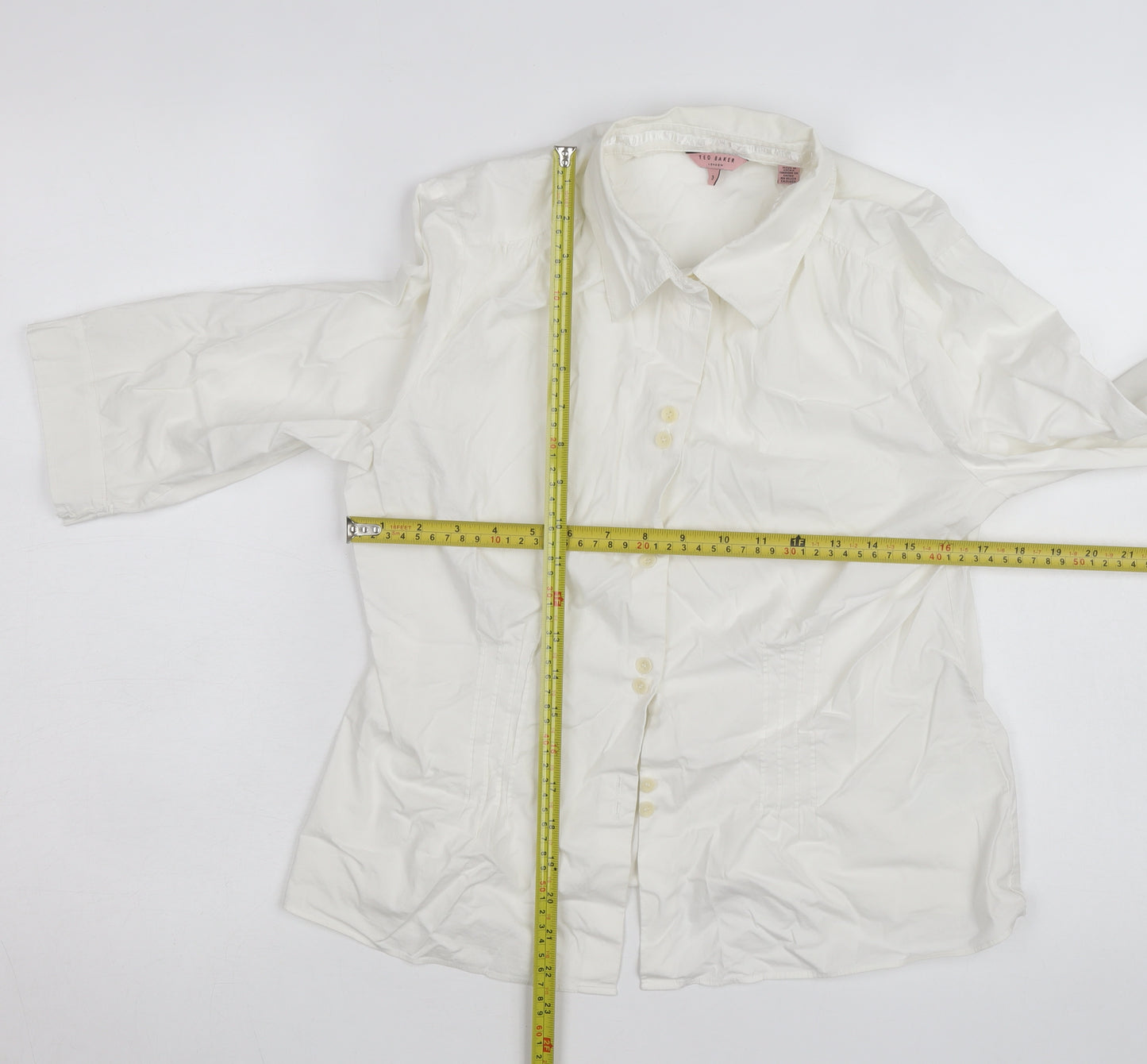 Ted Baker Women's Ivory Button-Up Shirt Size 12 Cotton Stretch Work Top