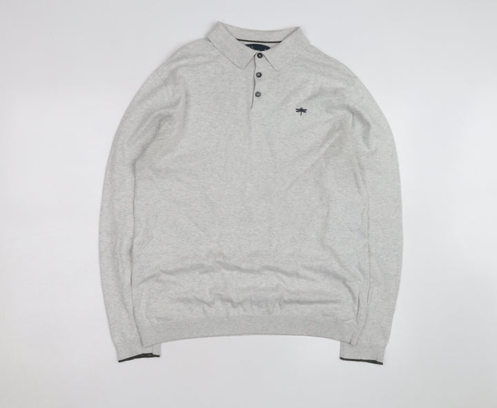 Easy Men's Grey Long Sleeve Cotton Polo Shirt Medium