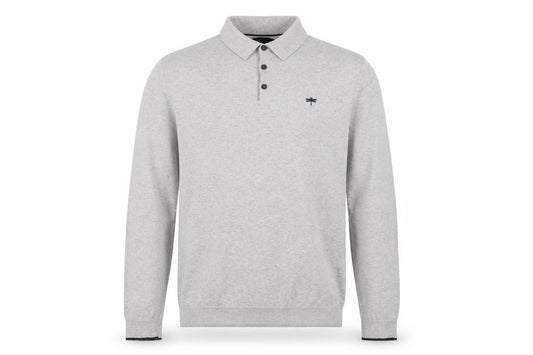 Front view of Easy Men's Grey Long Sleeve Cotton Polo Shirt Medium