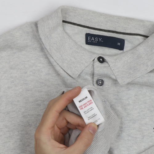 Easy Men's Grey Long Sleeve Cotton Polo Shirt Medium