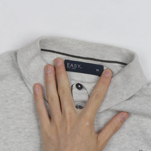 Easy Men's Grey Long Sleeve Cotton Polo Shirt Medium