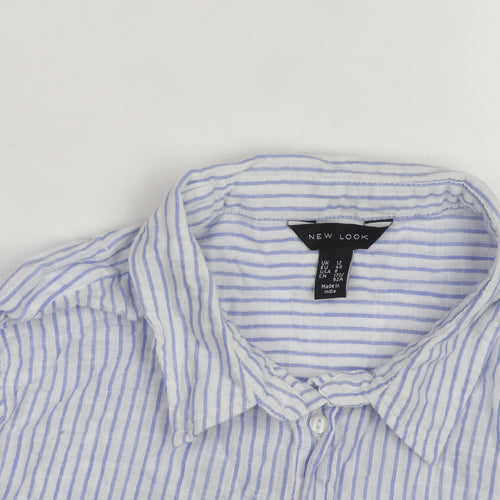New Look Women's Blue Striped Long Sleeve Cotton Button-Up Shirt Size 12