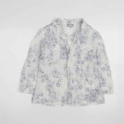 Wallis Women White Floral Linen Blend 3/4 Sleeve Blouse Size 14