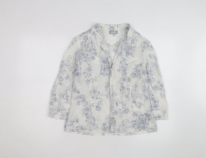 Wallis Women White Floral Linen Blend 3/4 Sleeve Blouse Size 14