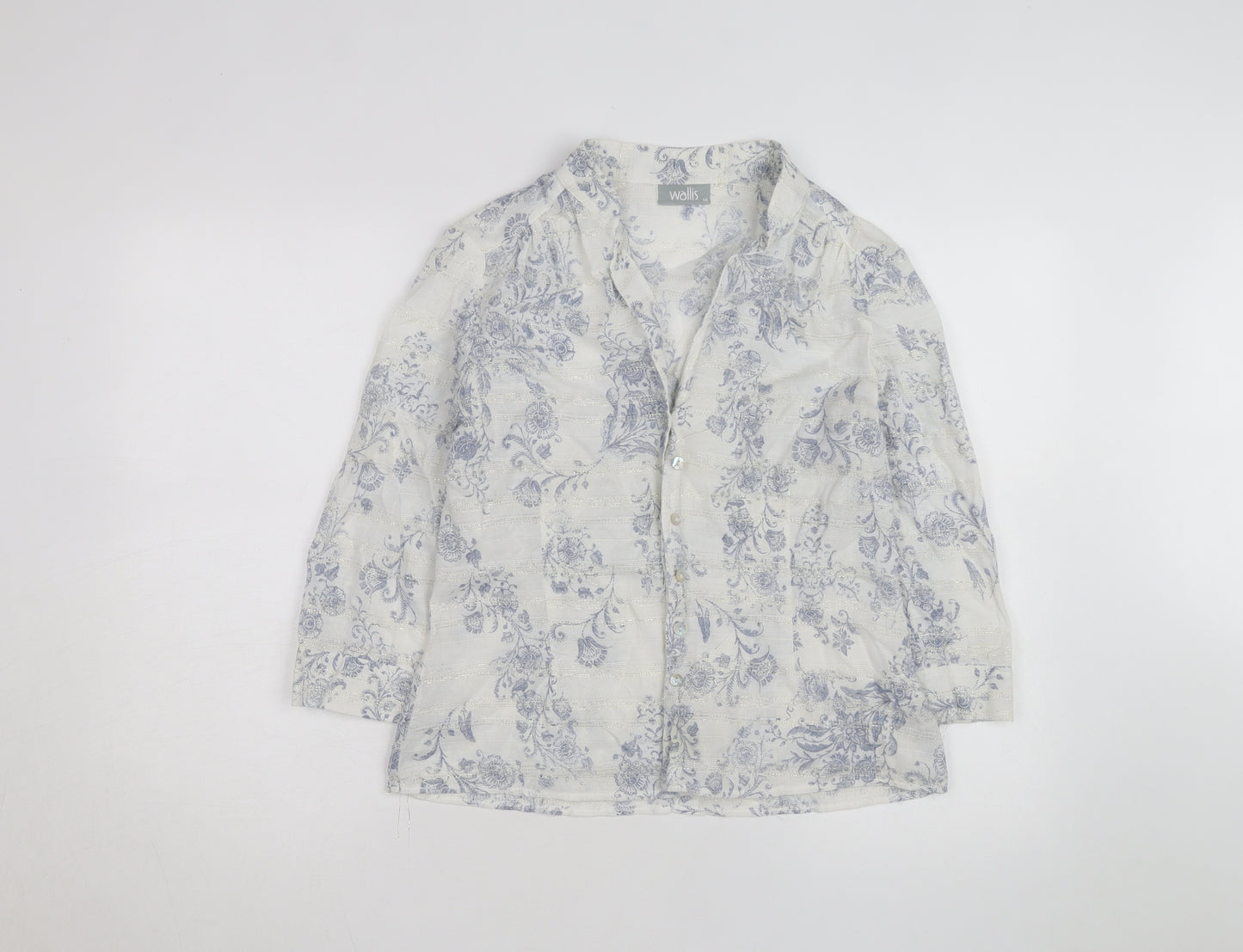 Wallis Women White Floral Linen Blend 3/4 Sleeve Blouse Size 14