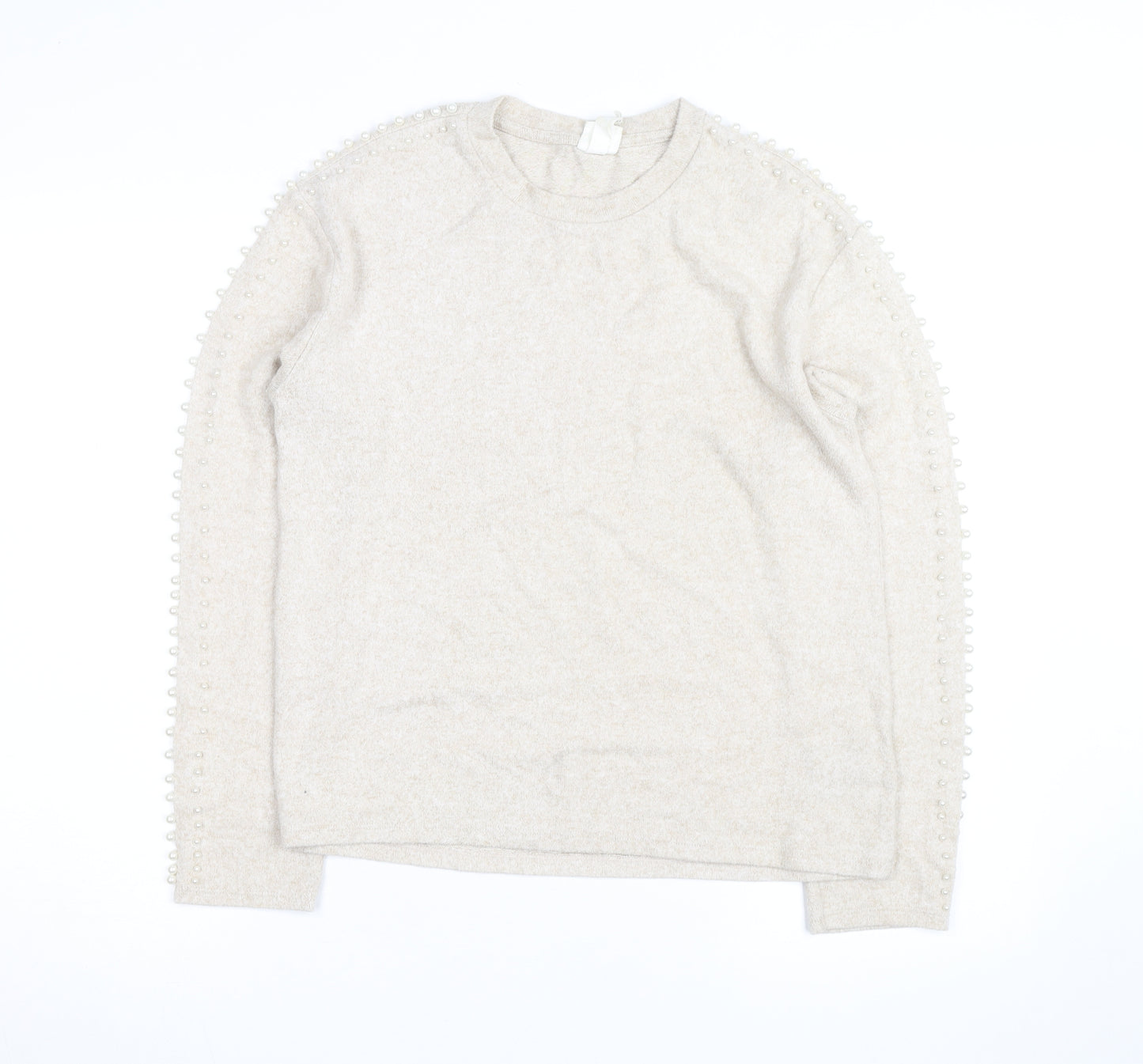 H&M Unisex Beige Beaded Crew Neck Knit Pullover Jumper XS