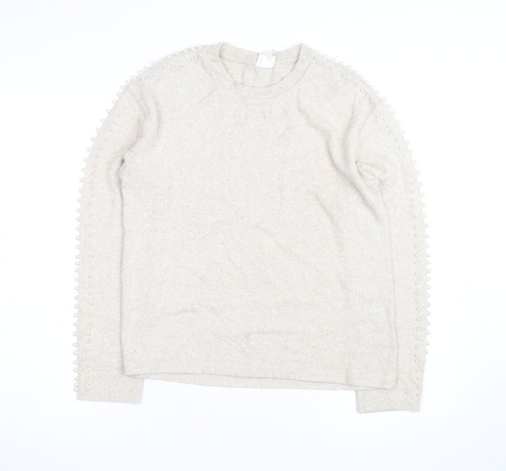 H&M Unisex Beige Beaded Crew Neck Knit Pullover Jumper XS