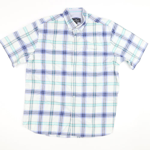 Marks and Spencer Blue Harbour Men's Blue Plaid Short Sleeve Cotton Shirt L