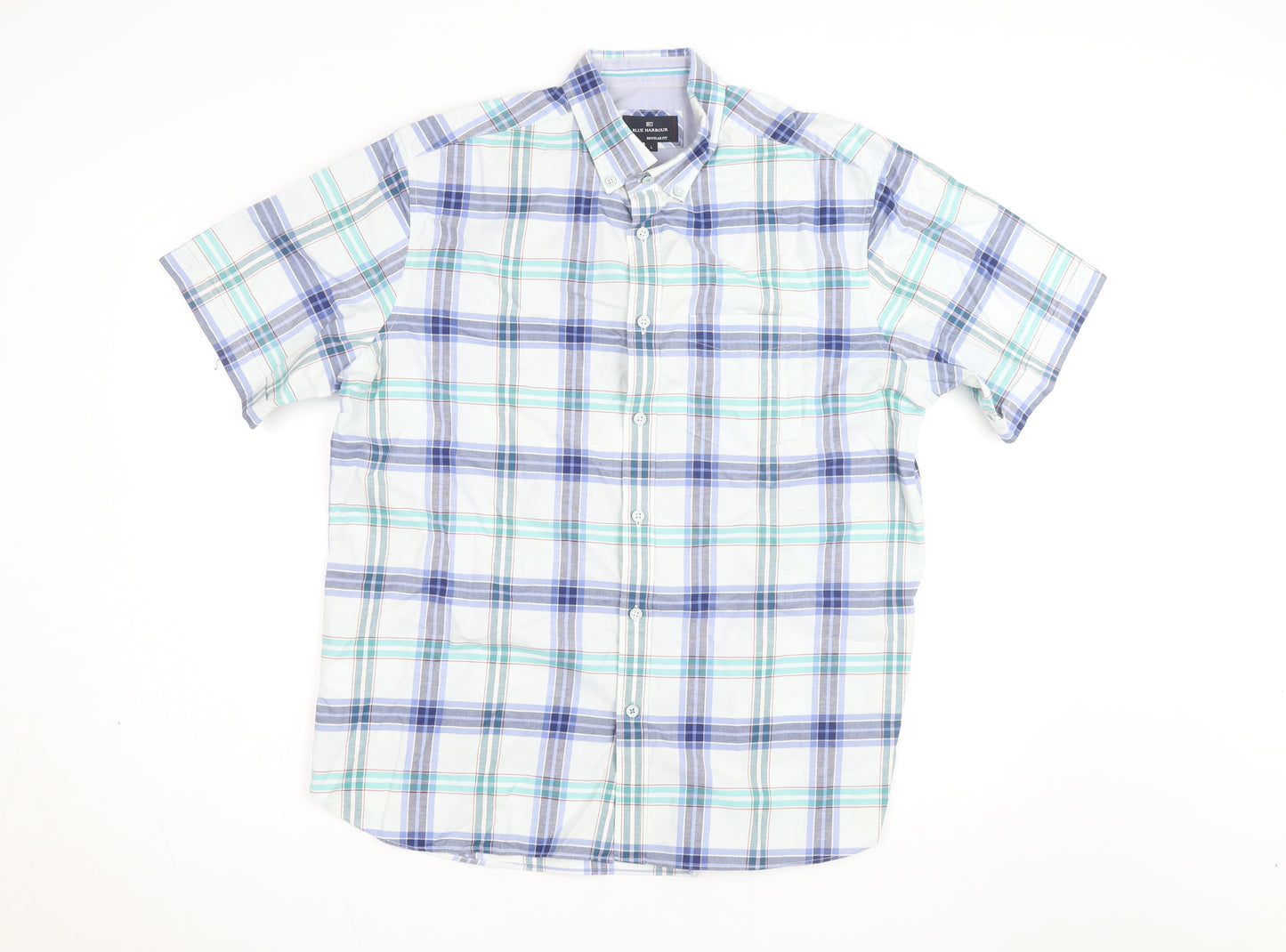 Marks and Spencer Blue Harbour Men's Blue Plaid Short Sleeve Cotton Shirt L