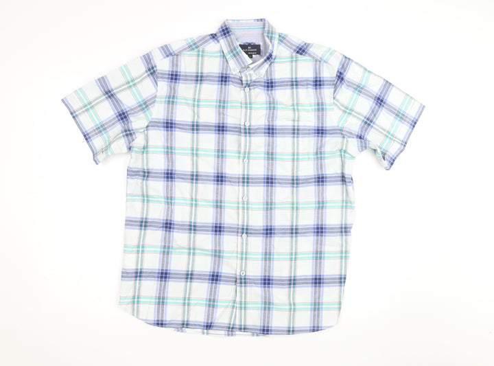 Marks and Spencer Blue Harbour Men's Blue Plaid Short Sleeve Cotton Shirt L