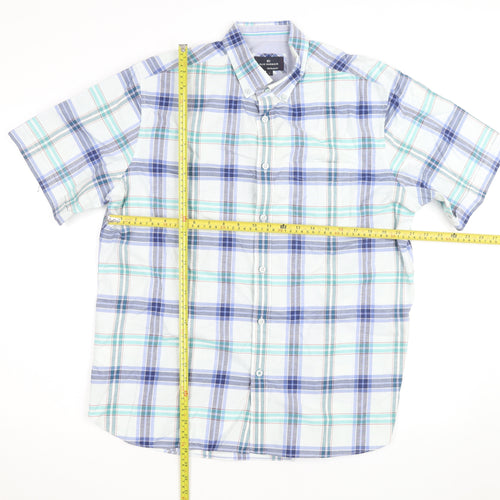 Marks and Spencer Blue Harbour Men's Blue Plaid Short Sleeve Cotton Shirt L