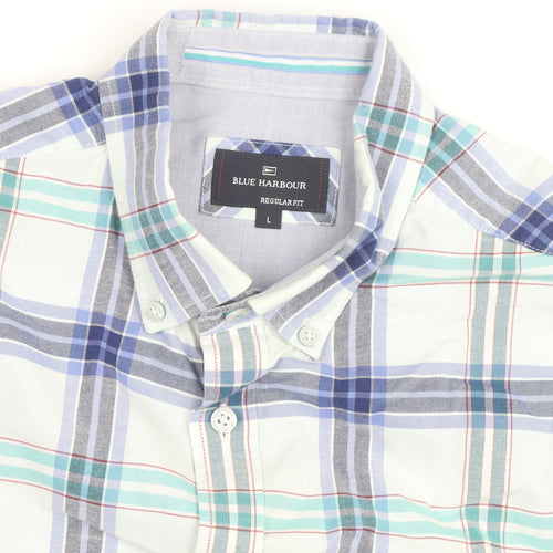 Marks and Spencer Blue Harbour Men's Blue Plaid Short Sleeve Cotton Shirt L
