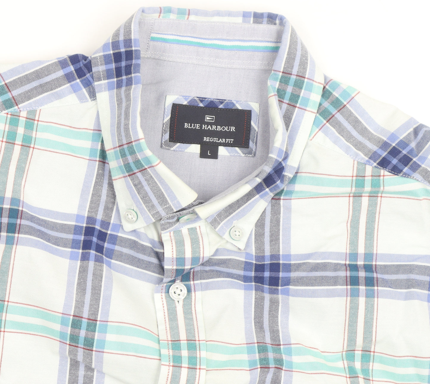 Marks and Spencer Blue Harbour Men's Blue Plaid Short Sleeve Cotton Shirt L