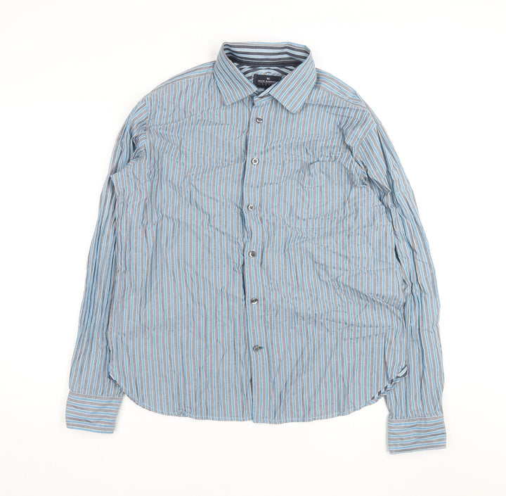 Marks and Spencer Blue Harbour Men's Blue Striped Cotton Long Sleeve Shirt L