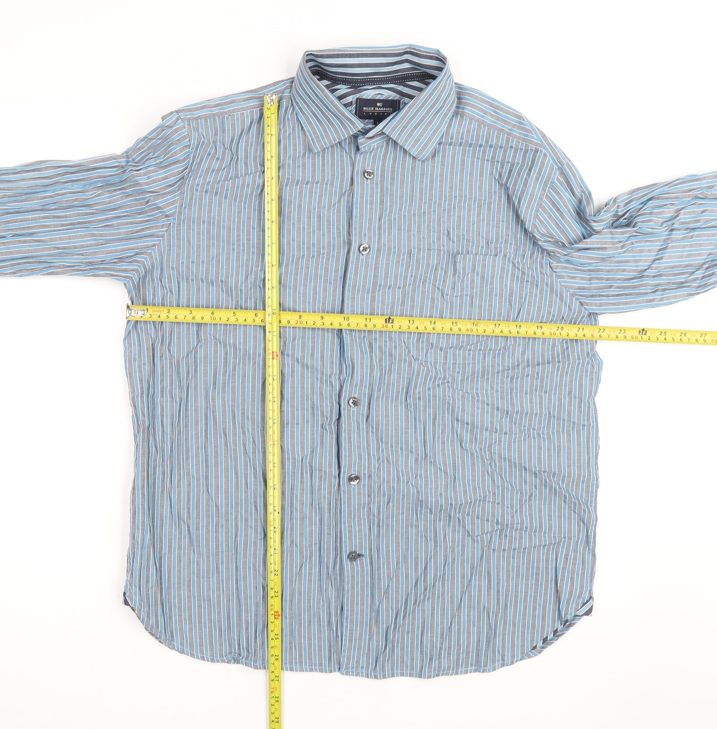 Marks and Spencer Blue Harbour Men's Blue Striped Cotton Long Sleeve Shirt L