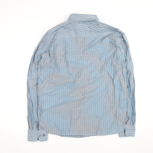 Marks and Spencer Blue Harbour Men's Blue Striped Cotton Long Sleeve Shirt L